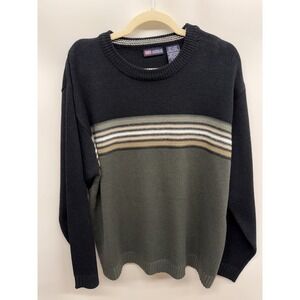 Faded Glory Mens Crew Neck Black Striped Sweater Large Fisherman Grandpa Y2K